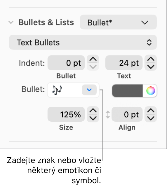 Oddíl Odrážky a seznamy na bočním panelu Formát. V poli Odrážka je vidět emotikon květiny