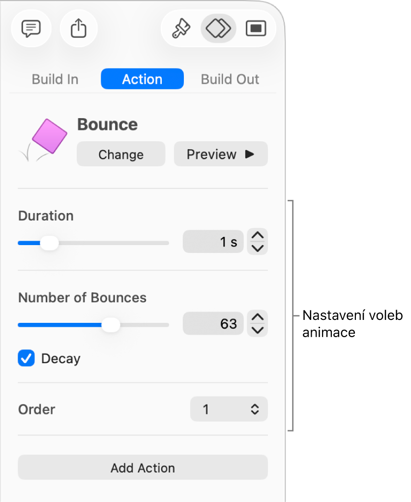 Ovládací prvky akcí v části Animace na bočním panelu