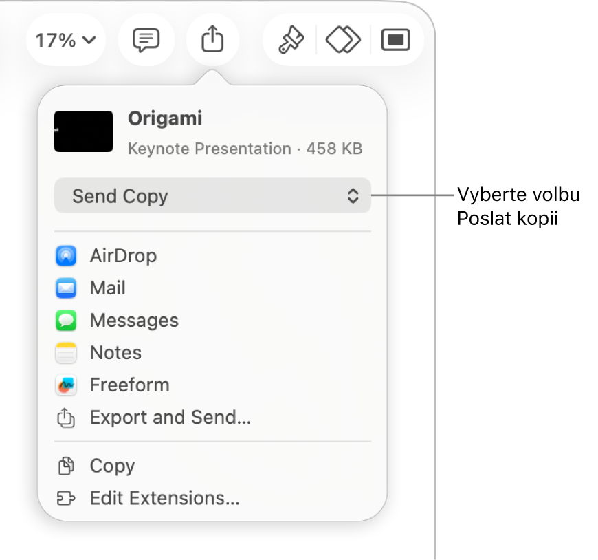 Nabídka sdílení, v níž je nahoře vybraná volba Poslat kopii