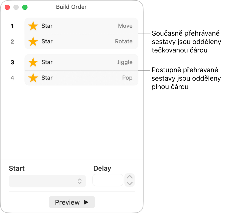 Nabídka Pořadí sestavy, v níž jsou souběžně přehrávané sestavy odděleny tečkovanou čarou a postupně přehrávané sestavy odděleny plnou čarou