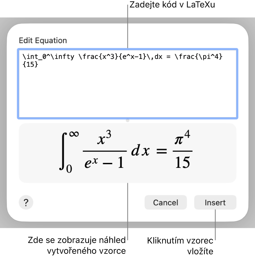 Vzorec pro řešení kvadratické rovnice zadaný do pole Rovnice v LaTeXu a pod ním náhled výsledného vzorce