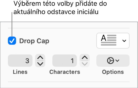 Je vidět zaškrtnuté políčko Iniciála a napravo od něj je místní nabídka; pod ní jsou ovládací prvky pro nastavení výšky řádku, počet znaků a další volby