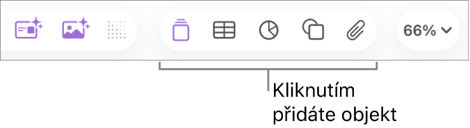 Panel nástrojů Keynote s tlačítky Tabulka, Graf, Text, Tvar a Média.