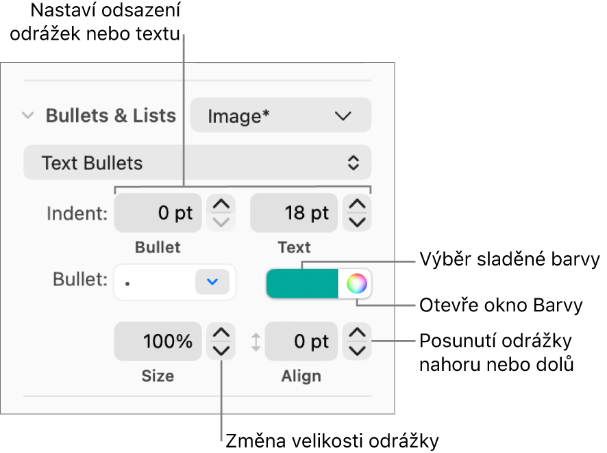 Sekce Odrážky a seznamy s popisky ovládacích prvků pro odsazení odrážek a textu, barvu odrážek, jejich velikost a zarovnání