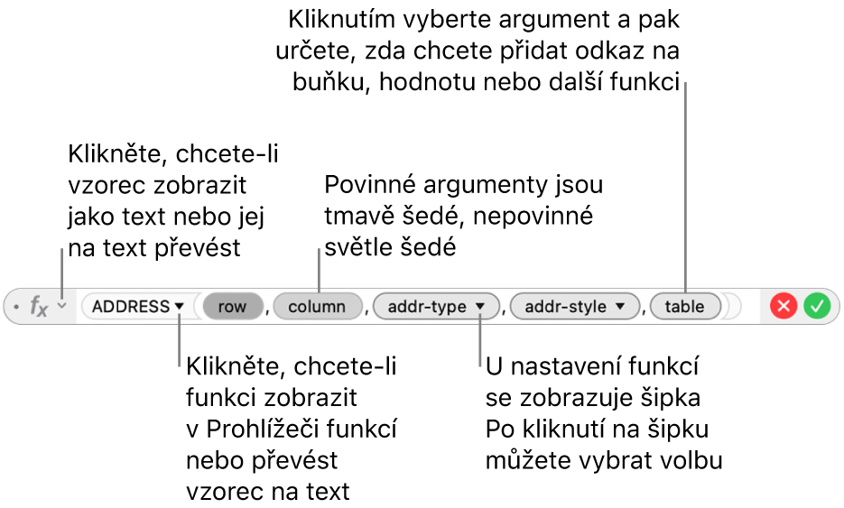 Editor vzorců s funkcí ADDRESS a tokeny jejích argumentů