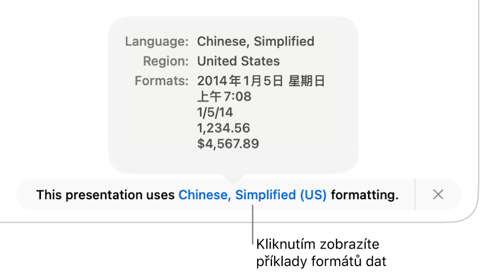 Upozornění na odlišné nastavení jazyka a oblasti s ukázkami formátování pro daný jazyk a oblast
