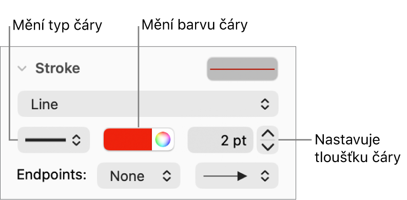 Ovládací prvky tahu pro nastavení koncových bodů, tloušťky a barvy čáry