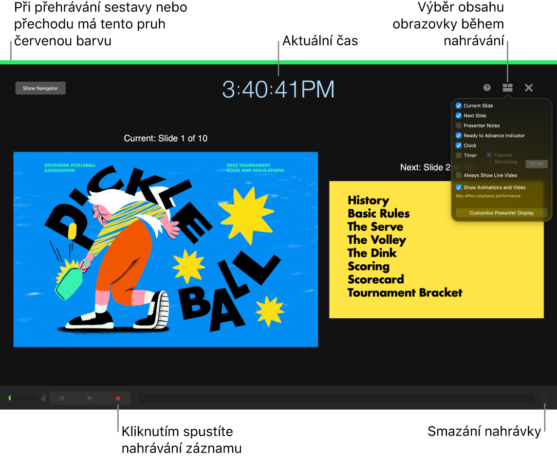Snímek obrazovky s režimem záznamu hlasu v zobrazení prezentujícího. Jsou zobrazeny aktuální a následující snímek a ovládací prvky zobrazení prezentujícího. U dolního okraje zobrazení jsou vidět ovládací prvky začátku a konce záznamu a smazání záznamu.