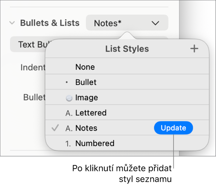 Místní nabídka Styly seznamů s tlačítkem Aktualizovat u názvu nového stylu