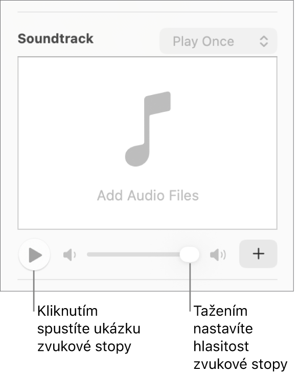 Ovládací prvky pro zvukovou stopu s vyznačeným tlačítkem Přehrát a jezdcem hlasitosti