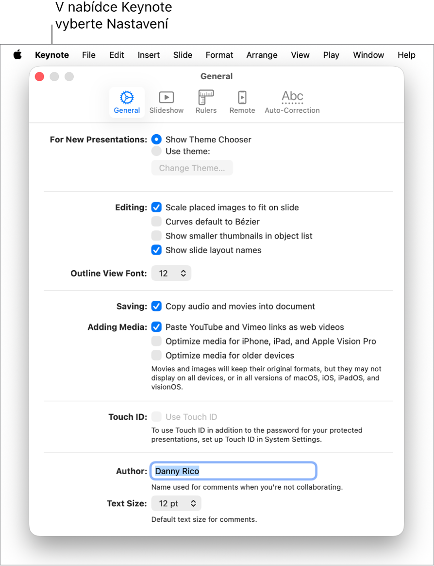 Okno nastavení Keynote otevřené na panelu Obecné