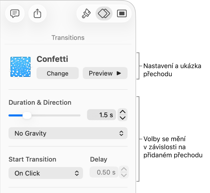Ovládací prvky Přechody v části Přechody na bočním panelu