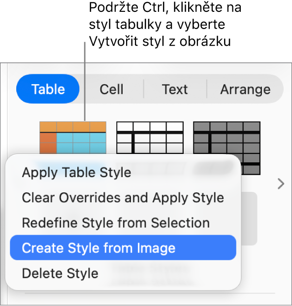 Nabídka zkratek pro styl tabulky