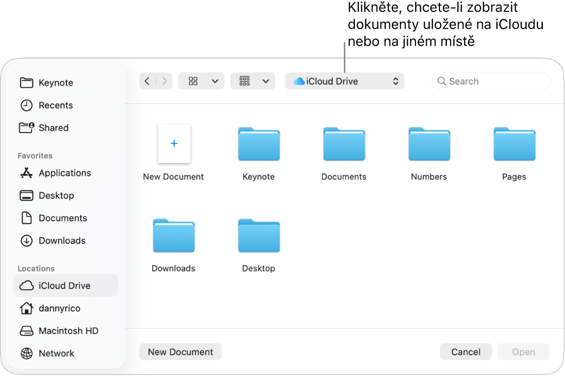 Dialogové okno Otevřít s otevřeným bočním panelem vlevo a iCloud Drivem vybraným v horní místní nabídce. Kromě tlačítka Nový dokument okno obsahuje složky pro Keynote, Numbers a Pages.