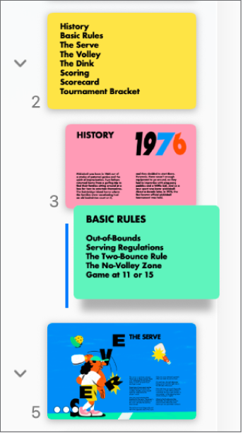 Navigátor snímků s odsazeným snímkem a čárou vlevo