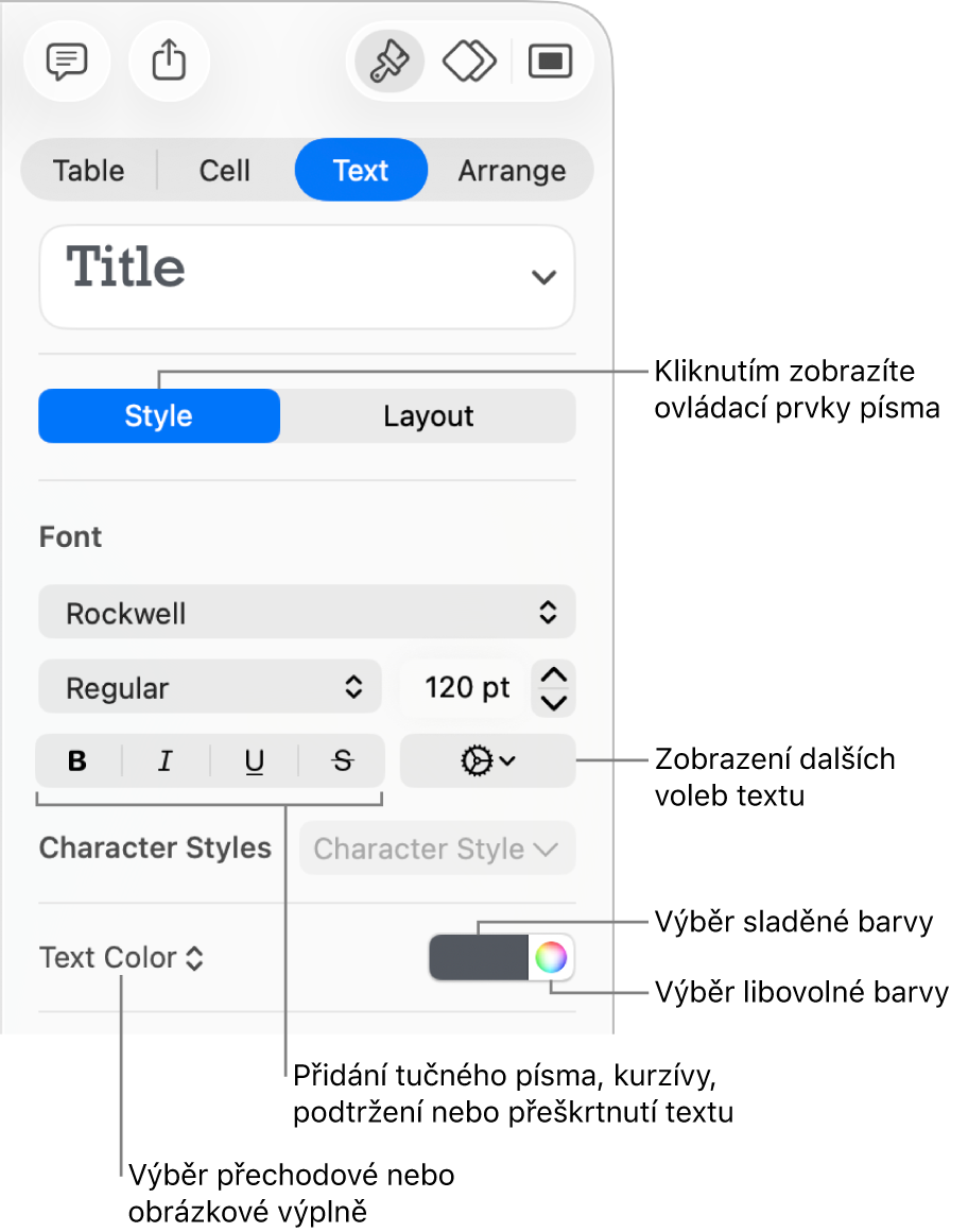 Ovládací prvky pro nastavení stylu textu v tabulce
