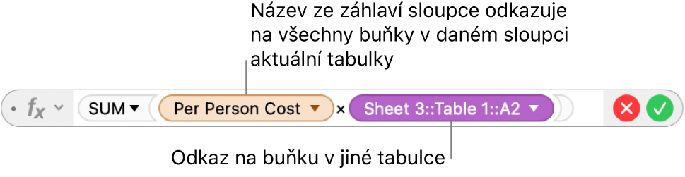 Editor vzorců s trojúhelníčkem, ze kterého se po kliknutí rozbalí volby pro zachování odkazů na řádky a sloupce.