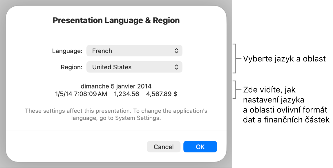 Panel Jazyk a oblast obsahující ovládací prvky pro jazyk a oblast a ukázku formátu, včetně data, času, desetinného oddělovače a měny.