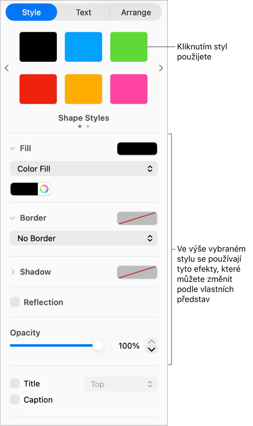 Styly a možnosti tvarů v části Formát na bočním panelu