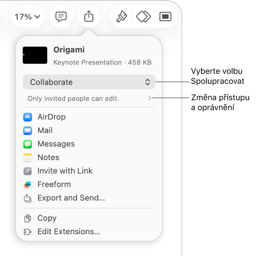 Nabídka sdílení, v níž je nahoře vidět vybraná volba Spolupracovat a pod ní volby pro nastavení přístupu a oprávnění