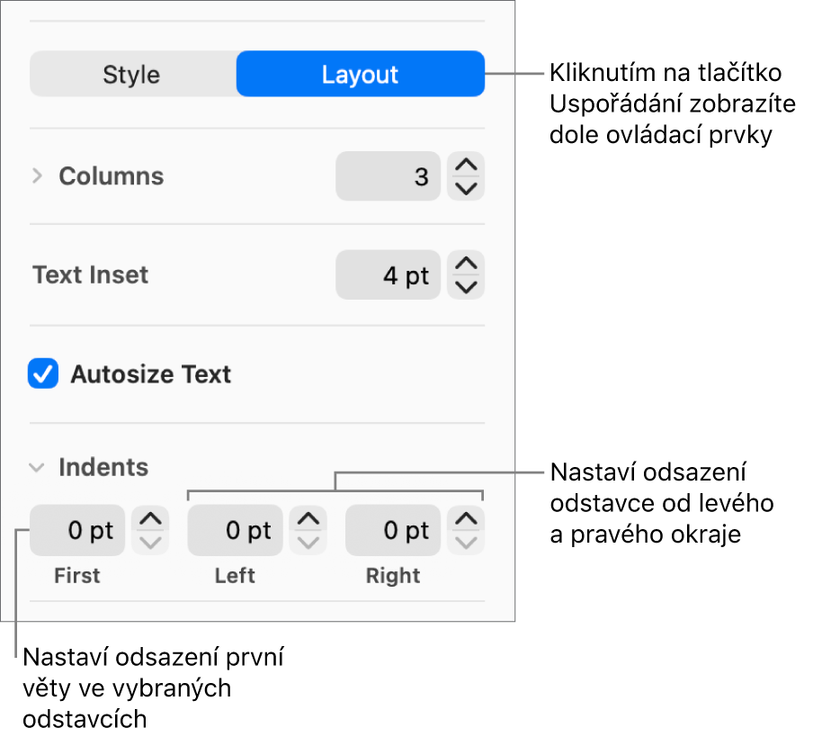 Oddíl Uspořádání na bočním panelu Formát, obsahující ovládací prvky pro odsazení prvního řádku v odstavci a nastavení okrajů odstavce