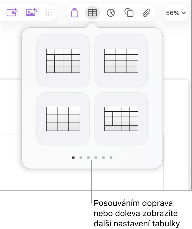 Panel Přidat tabulku s navigačními šipkami vlevo a vpravo