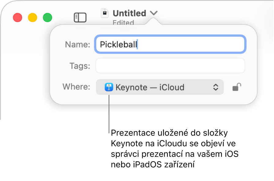 Ukládací dialogové okno pro prezentaci aplikace Keynote s vybranou položkou iCloud v místní nabídce „Kde“