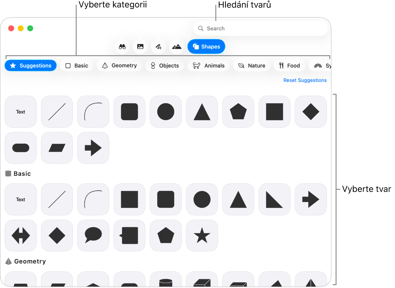 Knihovna tvarů. Vlevo jsou uvedeny kategorie, vpravo tvary. Pomocí pole hledání v horní části můžete vyhledat požadované tvary. Posunutím zobrazíte další tvary.