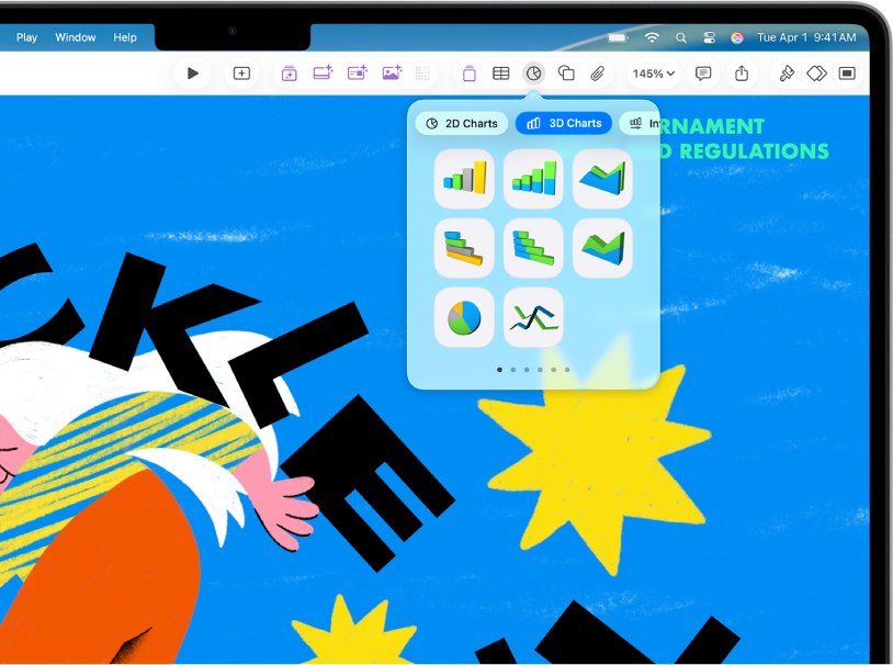 Panel nástrojů s&nbsp;tlačítky pro přidání tabulek, grafů, textových rámečků, tvarů a&nbsp;médií. Vybraný graf zobrazuje tlačítka pro grafy 2D, 3D a&nbsp;Interaktivní Vybrané tlačítko 3D a&nbsp;pod ním jsou volby grafů