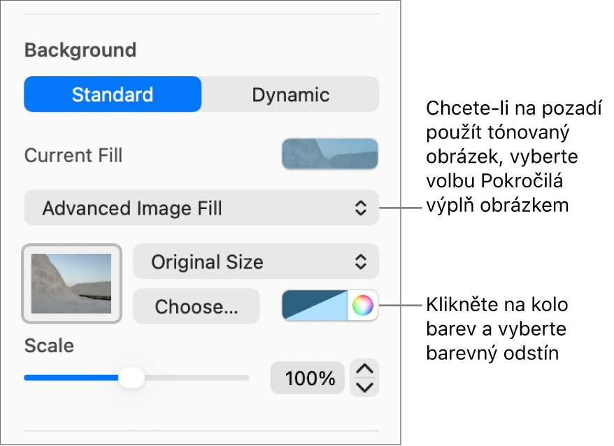Ovládací prvky Pozadí s vyznačenou volbou Pokročilá výplň obrázkem která je nastavená jako pozadí snímku