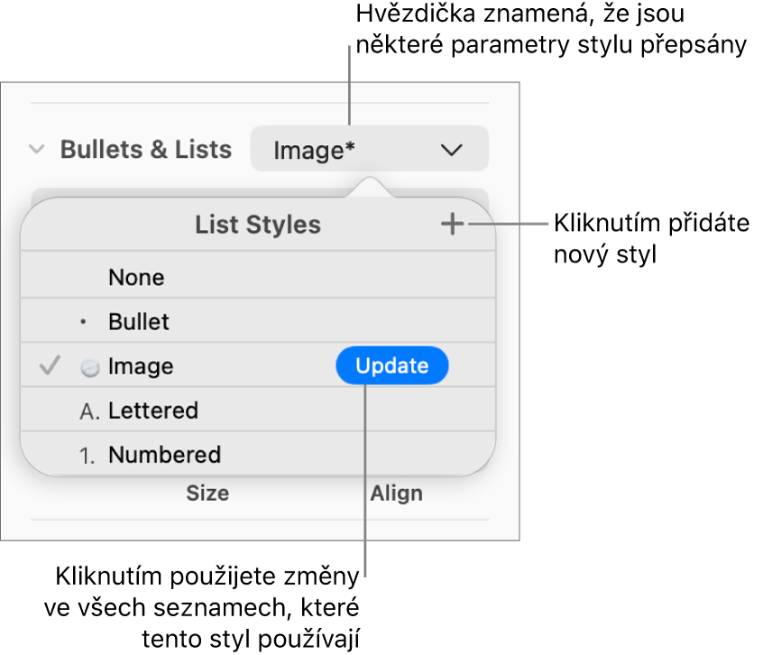 Místní nabídka Styly seznamů s hvězdičkou, která indikuje přepsání, a s popisky u tlačítka Nový styl a podnabídky voleb pro správu stylů