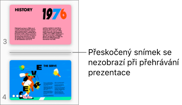 Navigátor snímků s přeskočeným snímkem znázorněným vodorovnou čárou