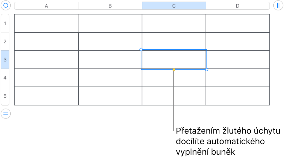 Vybraná buňka se žlutým úchytem, jehož tažením můžete automaticky vyplnit další buňky