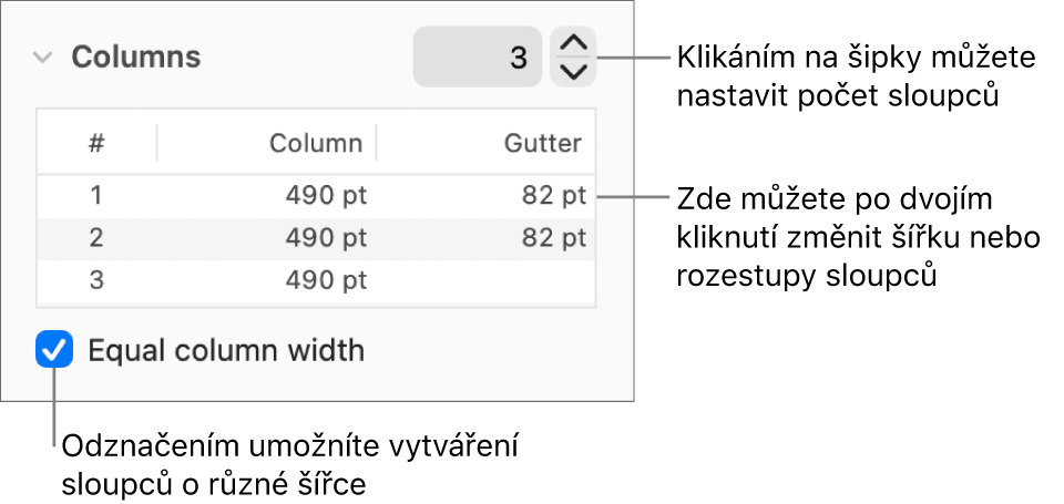 Ovládací prvky v oddílu Sloupce pro změnu počtu sloupců a šířky každého sloupce