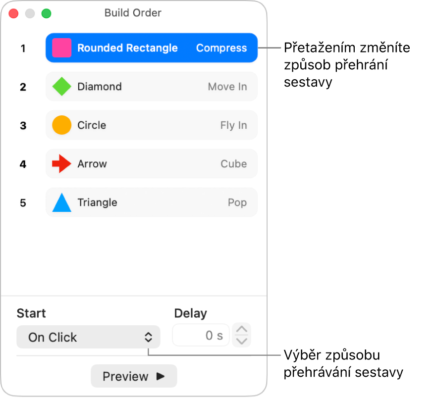 Okno Pořadí sestavy