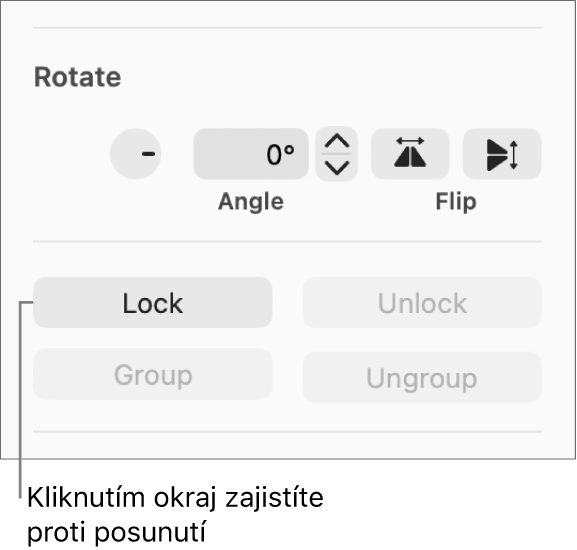 Ovládací prvky pro otočení a seskupení objektů; vyznačeno je tlačítko Zamknout