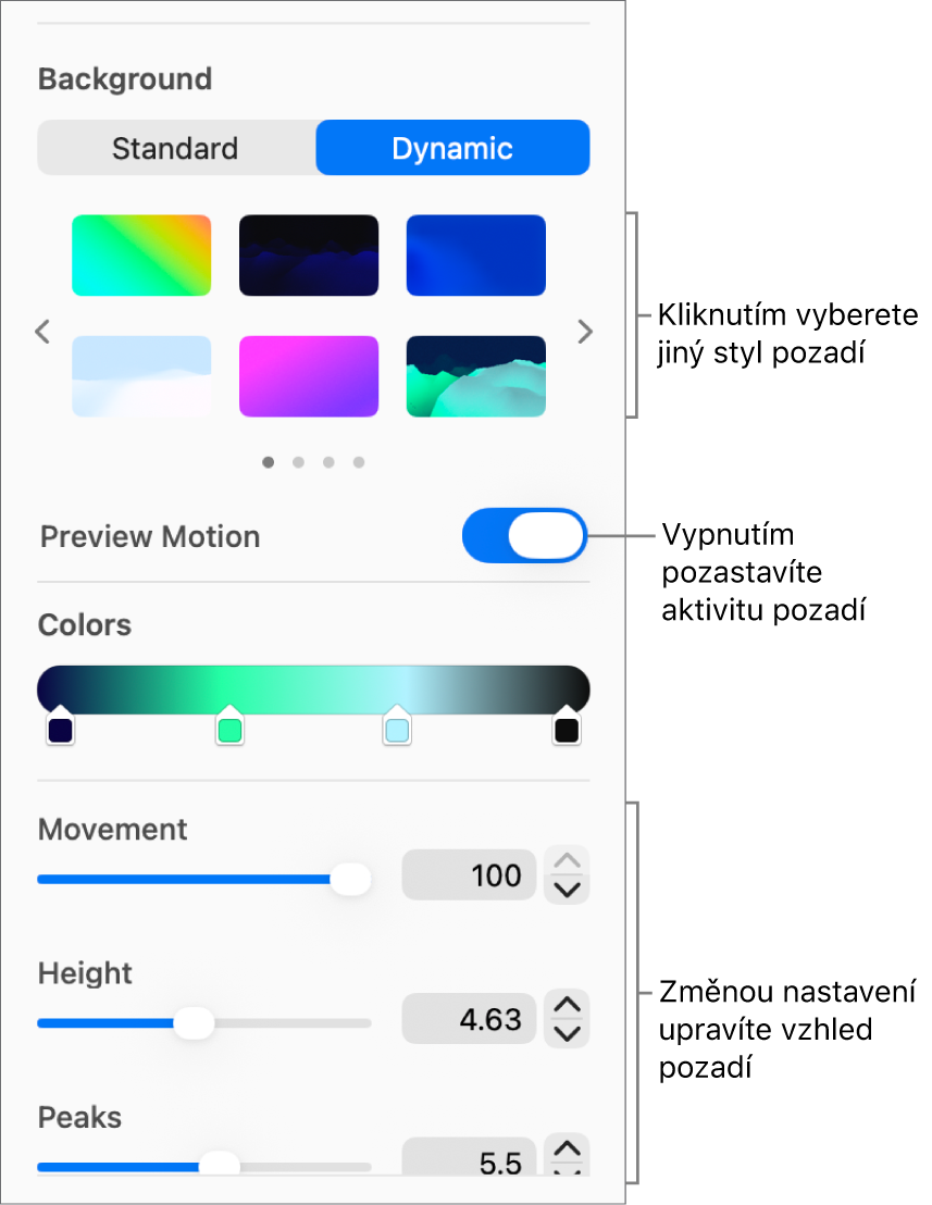 V oddílu Pozadí na bočním panelu Formát se zobrazenými dynamickými styly pozadí, ovládacím prvkem Náhled pohybu a ovládacími prvky vzhledu je vybráno tlačítko Dynamické