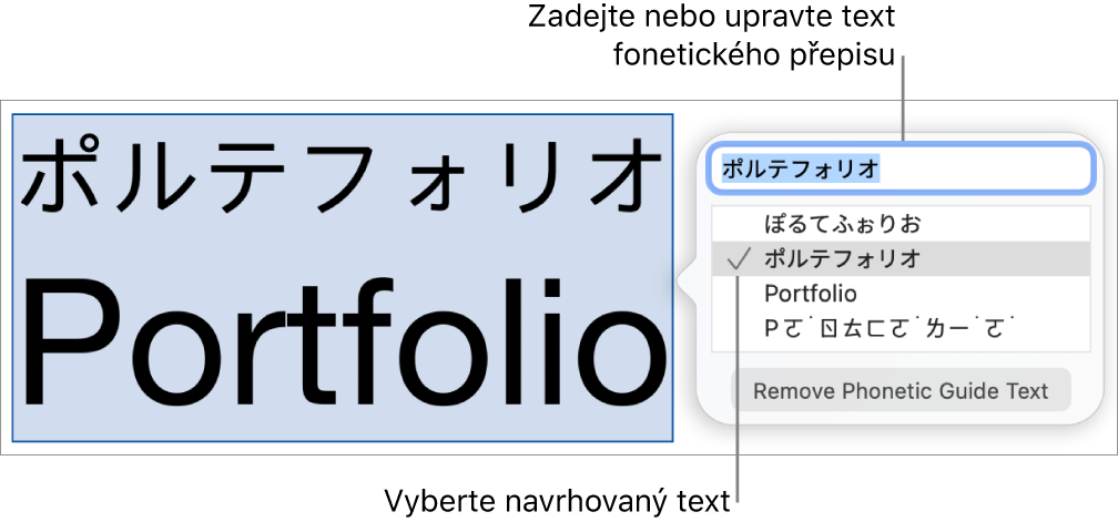 Otevřený fonetický přepis slova s popisky u textového pole a navrhovaného textu