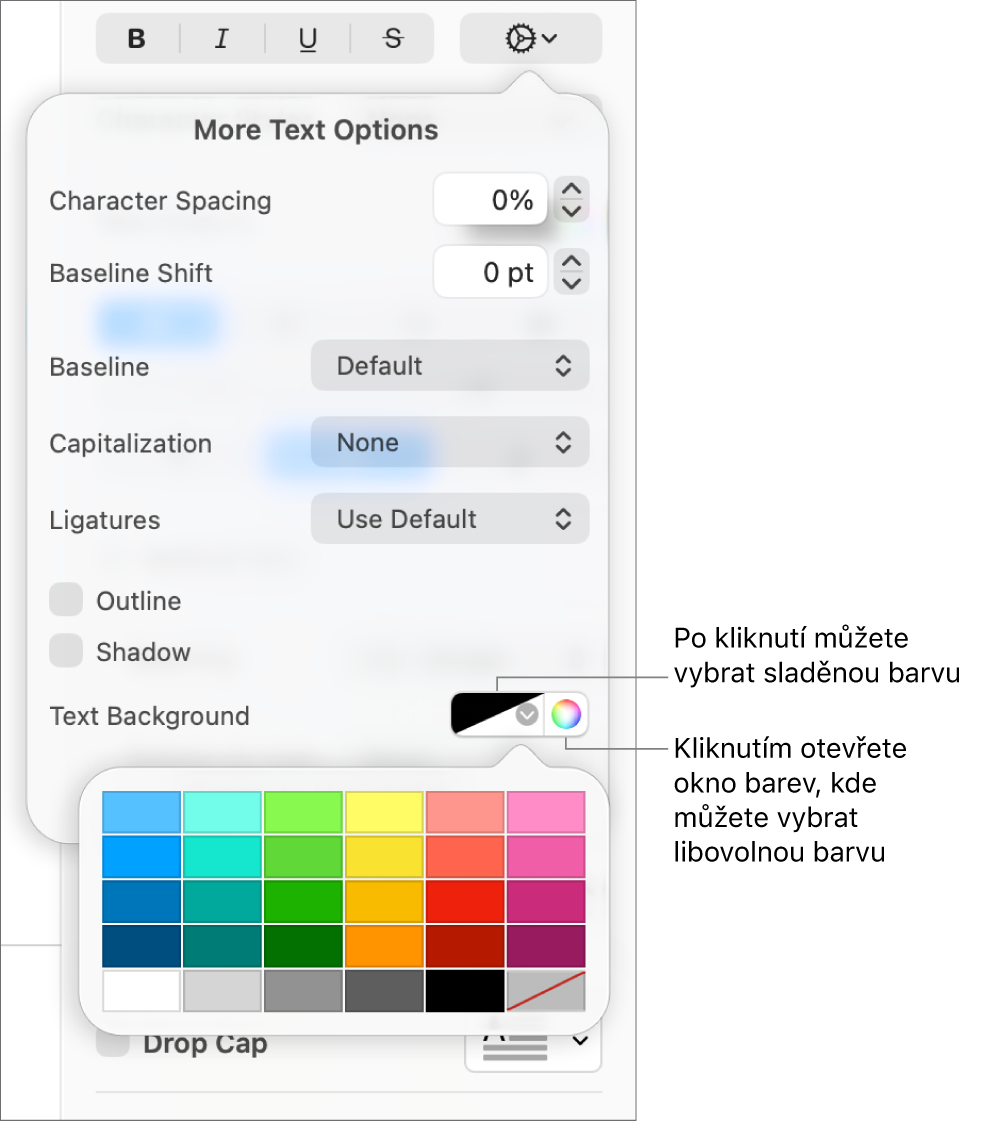 Ovládací prvky pro výběr barvy pozadí textu
