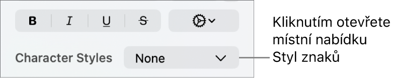 Místní nabídka Styly znaků pod ovládacími prvky pro změnu stylu a barvy textu.