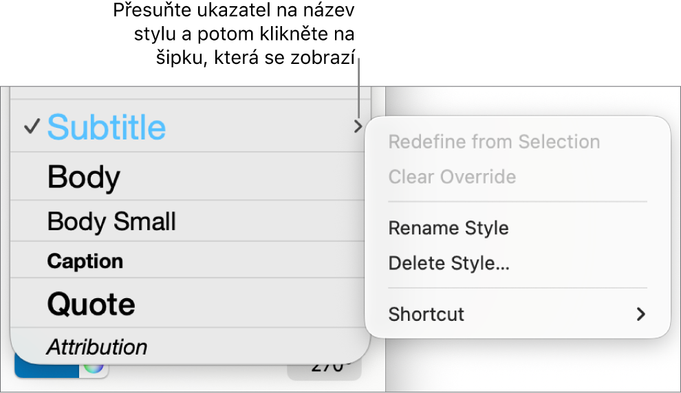 Nabídka Styly odstavců s otevřenou nabídkou zkratek.