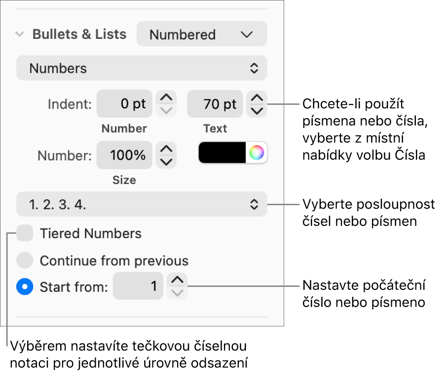Ovládací prvky pro změnu stylu čísel nebo rozestupů v seznamu