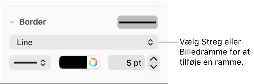 Betjeningsmulighederne til Rammeformat i indholdsoversigten Format med Linjevalg som rammetype.