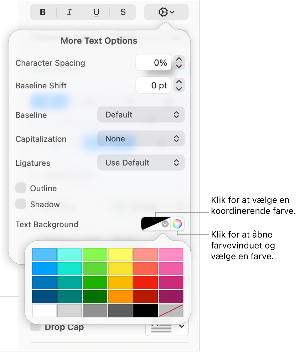 Betjeningsmuligheder til valg af en baggrundsfarve til tekst.