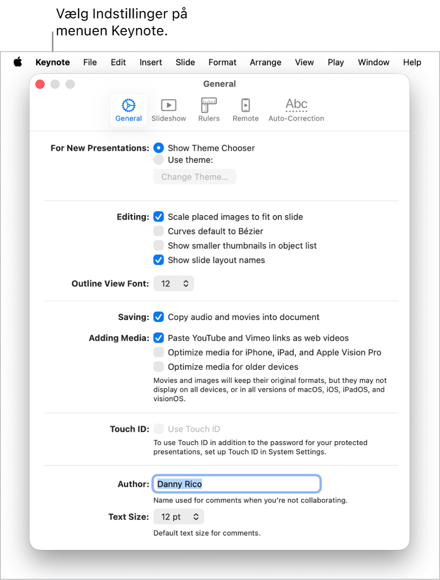 Vinduet Generelt åbent i Keynote-indstillinger.