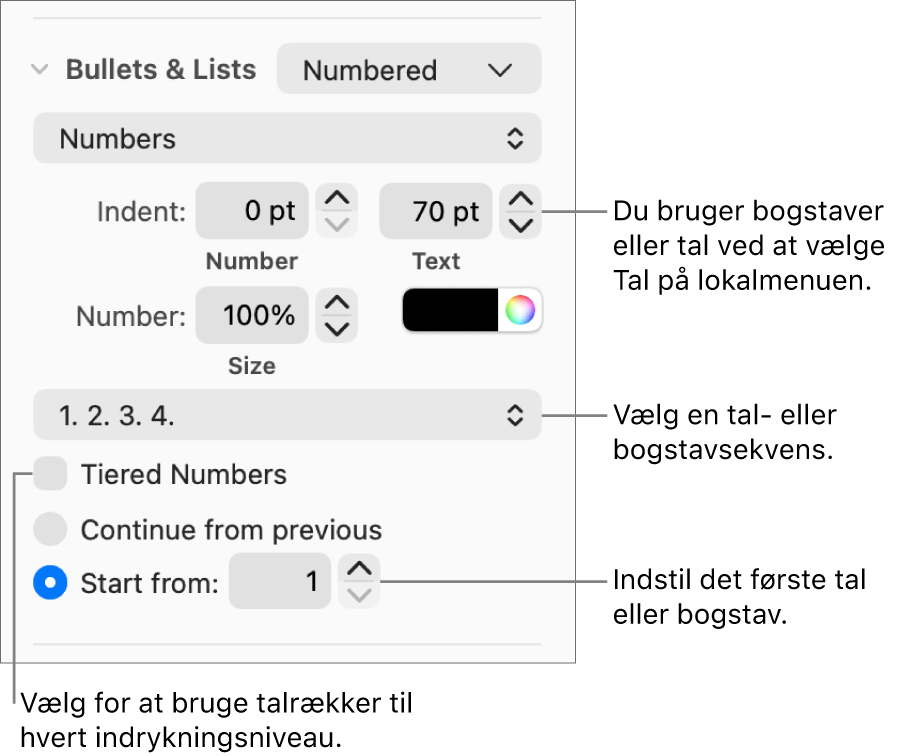 Betjeningsmuligheder til ændring af en listes talformat og afstand.