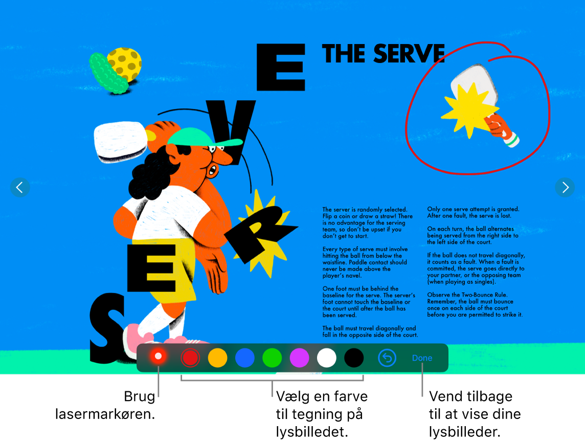 Et lysbillede med en illustration, der viser lasermarkøren og betjeningsmulighederne til valg af farve.
