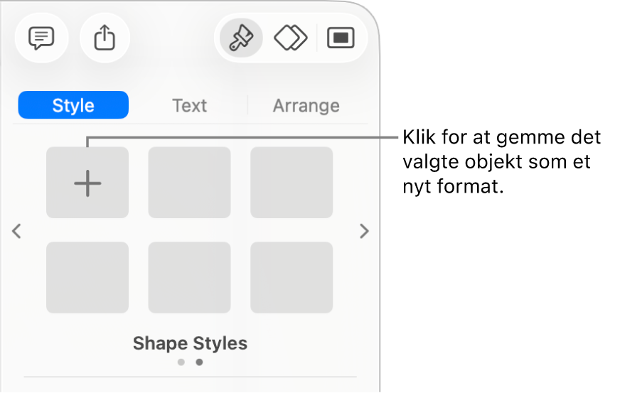 Fanen Format i indholdsoversigten Format med et format på tekstfelter, knappen Opret format til højre for det og fire tomme formateksempler.