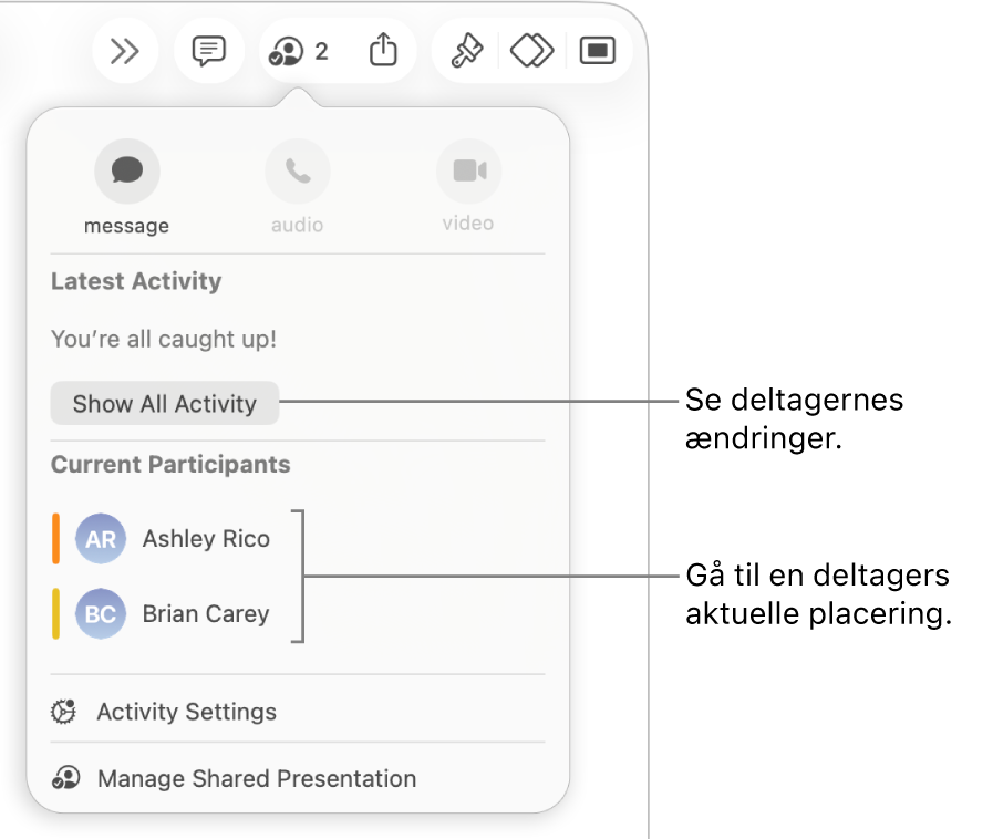 Samarbejdsmenuen, hvor to aktuelle deltagere er angivet.
