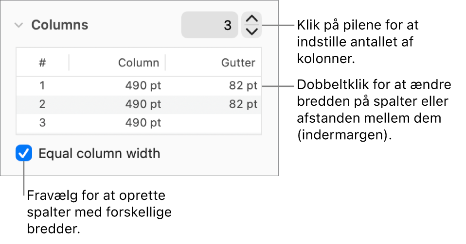 Betjeningsmuligheder under spalter til ændring af antallet af spalter og bredden på hver spalte.